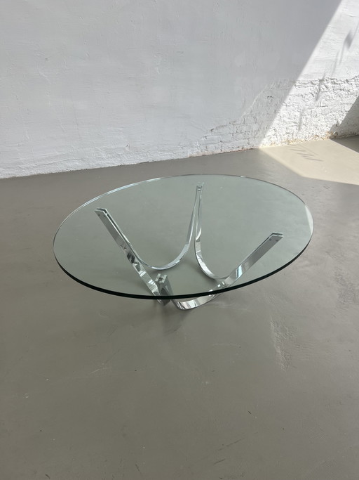 Tavolino ovale modello 2075 di Werner Lindner per Bacher, in cromo e vetro.