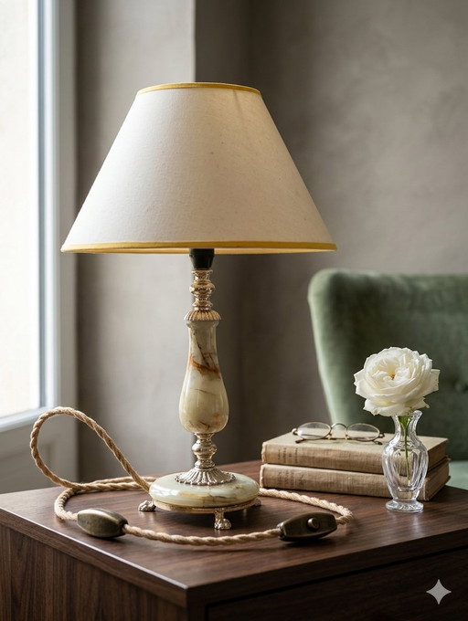 Authentic antique charm lamp in bronze with claw feet and genuine onyx, fully electrified with braided cable