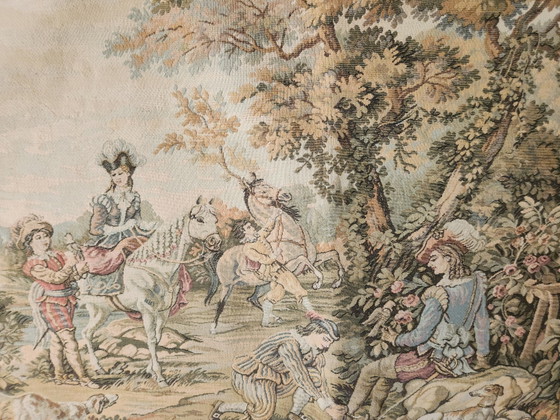 Duits wandtapijt van Gobelin Jacquard in de stijl van Aubusson. Tapijt met een elegant jachtlandschap in (photo 10 of 30)