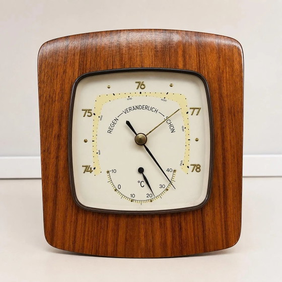 Vintage Mid Century Weather Station 1960s Wooden Barometer Thermometer Wall Unit Danish Modern Teak Look (photo 2 of 7)