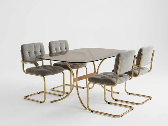 Brass Velvet Dining Set: Modern Glass Table, Tufted Chairs, Luxury Home Decor (photo 2 of 9)
