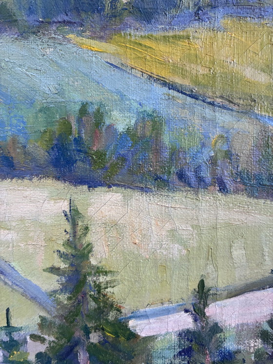 Image 1 of Peinture à l'huile originale vintage représentant un paysage champêtre.