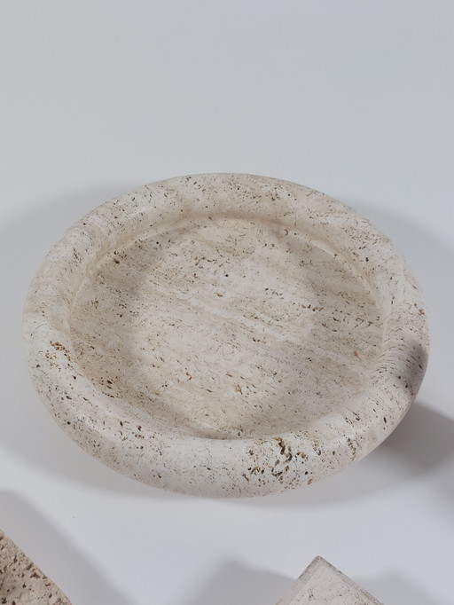 Tovaglietta vintage di design di metà secolo, portafrutta, posacenere, candeliere, scatola, travertino, Italia