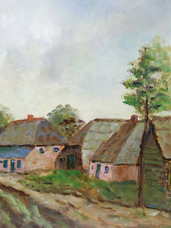 Image 1 of Oil on panel, small rural village, framed vintage painting, 1950-1970