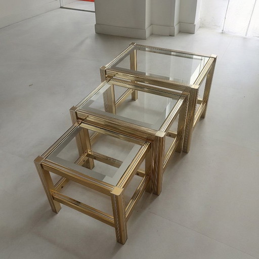 Hollywood Regency nesting tables chrome and brass