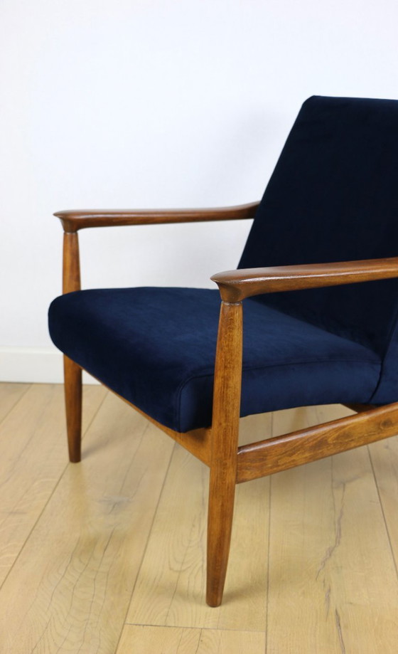 Image 1 of GFM-64 armchair, design by Edmund Homa from the 70s, navy blue - dark wood
