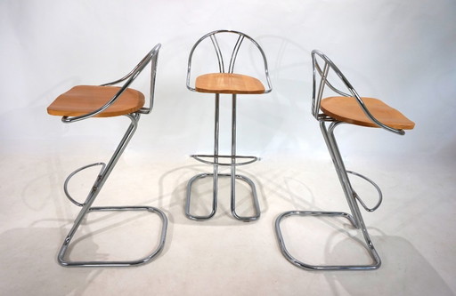 Set of 3 chrome cantilever bar stools, 1970