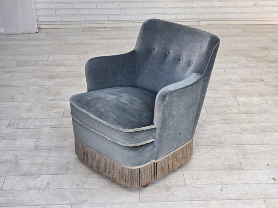 1970s, Danish armchair, furniture velour, beech wood., Velvet, Blue (photo 5 of 17)