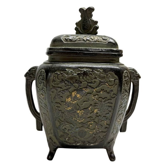 Antiguo quemador de incienso Koro japonés de bronce con relieve de dragón - Censer de altar del período Meiji (photo 5 of 11)