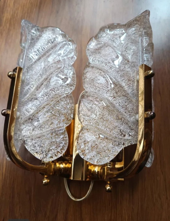 Image 1 of Zeldzaam paar "Leaves" kunstglazen wandlampen van Carl Fagerlund voor Orrefors - Zweden, jaren 1960-1970