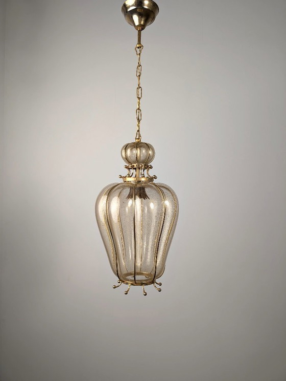 Image 1 of Handgeblazen lantaarn van Murano-glas van Barovier & Toso met 24-karaats goud en messing, jaren 60.