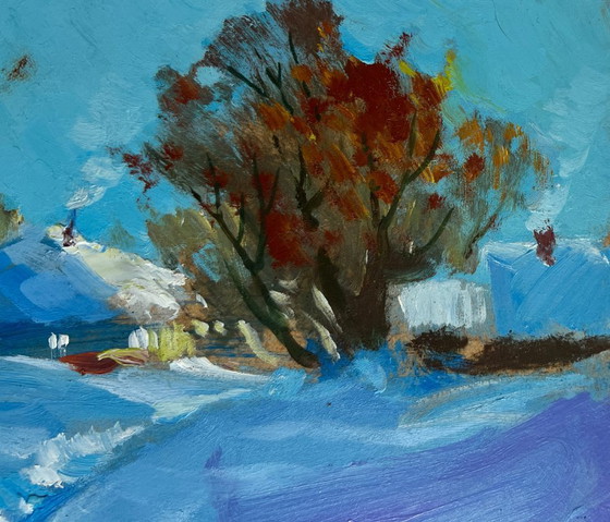 Image 1 of Origineel olieverfschilderij: Winterdorplandschap met een pad door de sneeuw.