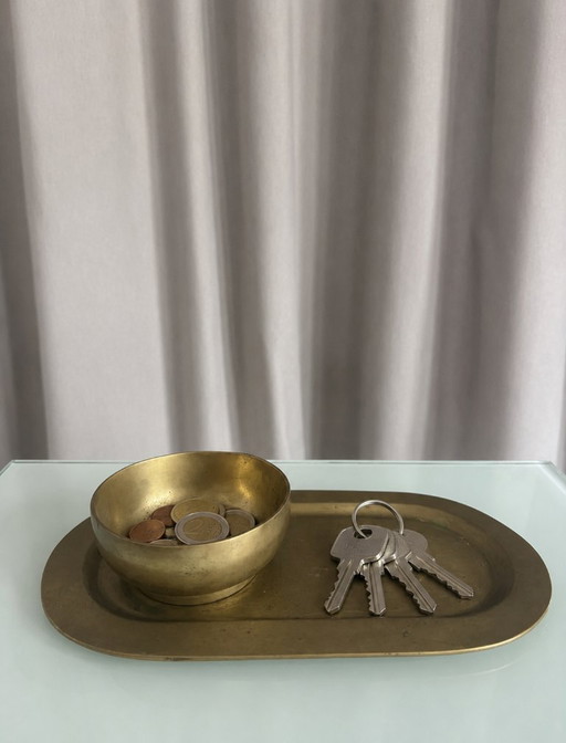 Conjunto de bolsillo vacío y cuenco de latón macizo firmados por Giò Lanciani. – decoratieve objecten, Brass