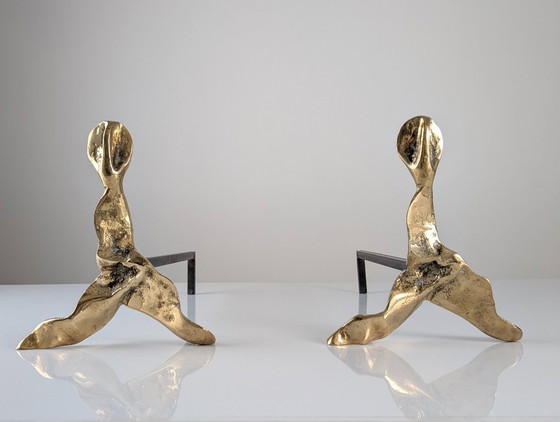 Image 1 of Pair of Brutalist Sculptural Bronze Andirons, 1970s