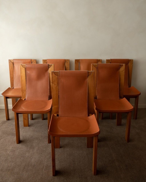 Brutalistische iep en lederen eetkamerstoelen van Giovanni Luigi Gorgoni voor Roche Bobois, jaren 70, set van 7