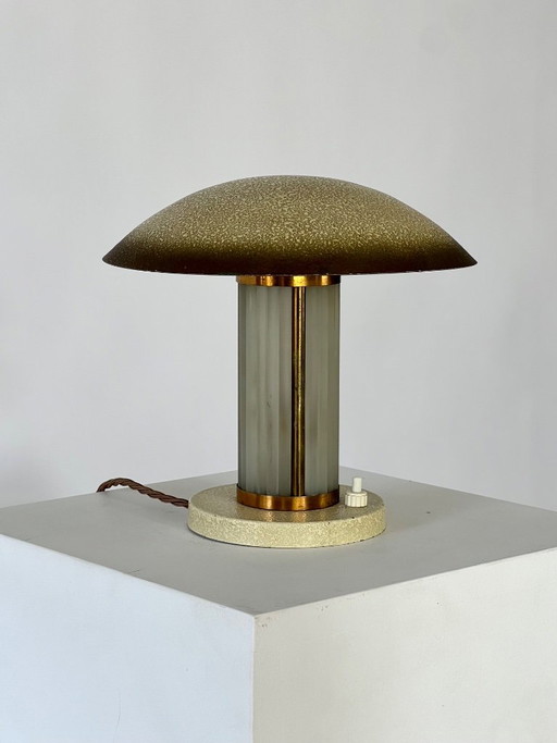 Art Deco Messing & Glas tafellamp. Frankrijk ca. 1920-30