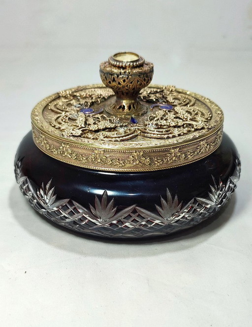 E&JB Empire Gold Art glass and metal jewelry box. USA, 1920s.
