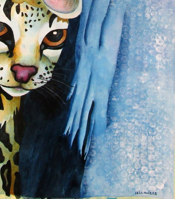 Image 1 of Two cute leopard cubs hiding in a tree (handgeschilderd)