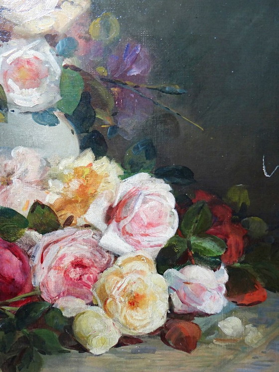 Image 1 of Large antique oil painting on canvas, bouquet of roses, signed, circa 1890-1910