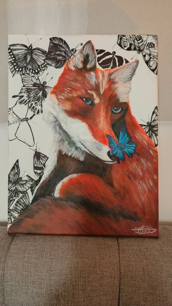 Image 1 of Origineel schilderij op canvas: 'Silent Serenade'. Vos met vlinders. 30*40cm