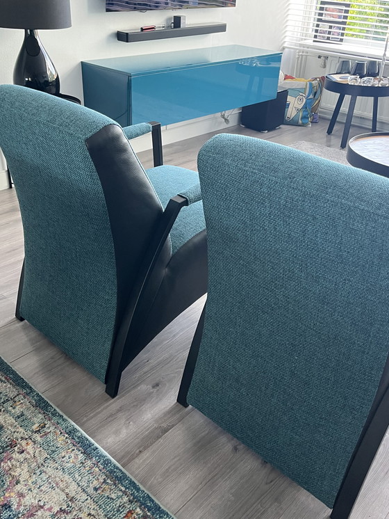 Image 1 of 2 fauteuils Grandola, tissu/cuir Turquoise/Pétrole/Noir