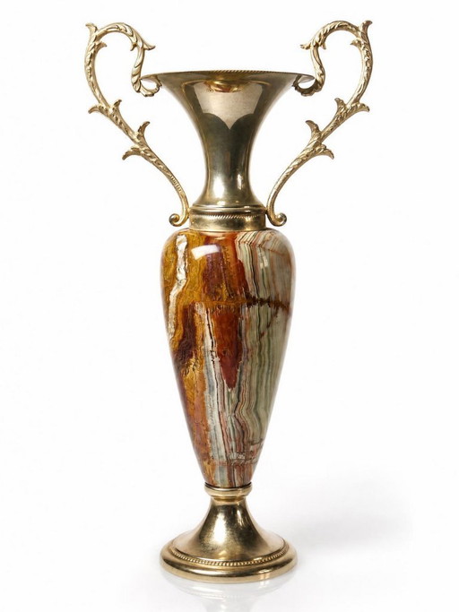 Grote decoratieve cassolette van onyx en verguld metaal, Italië, jaren 60-70.