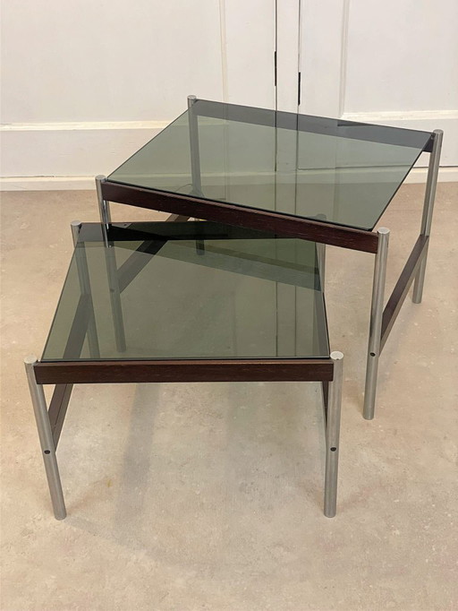 Ensemble de tables d'appoint vintage Thereca – chrome, palissandre et verre fumé