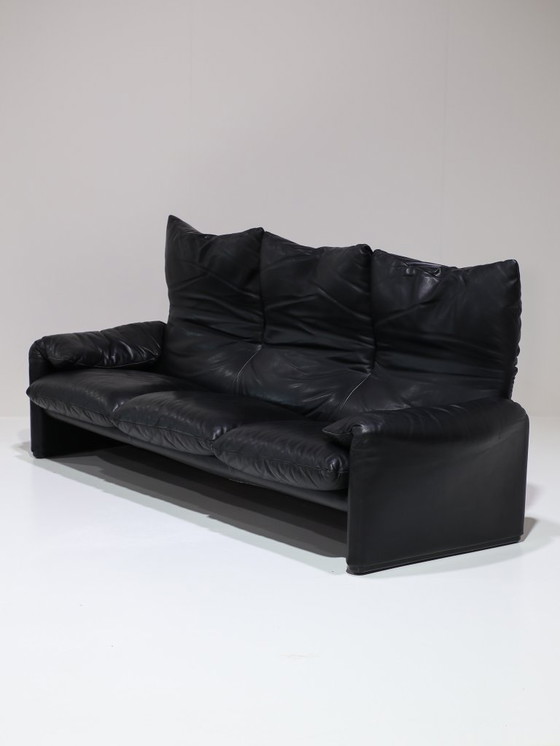 Image 1 of Cassina Maralunga 3-Sitzer-Sofa aus schwarzem Leder von Vico Magistretti