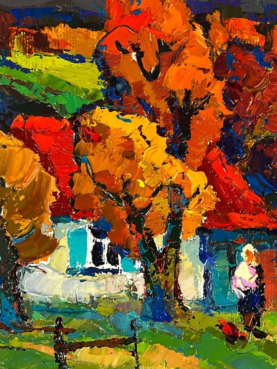 Image 1 of Original Oil Painting Countryside Landscape House Crimson Autumn in the Village