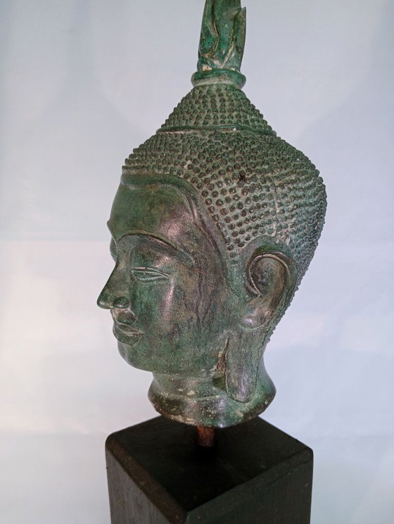 Sculptures Tête de Bouddha, Bronze sur Socle en Bois, Vert, Aziatisch (photo 3 sur 7)