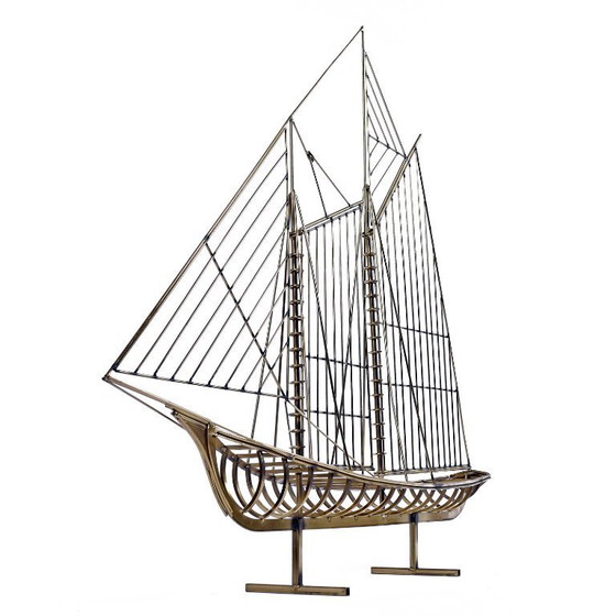 Image 1 of 1976 Curtis Jere Alambre de latón Galeón Barco Velero Escultura de metal Arte