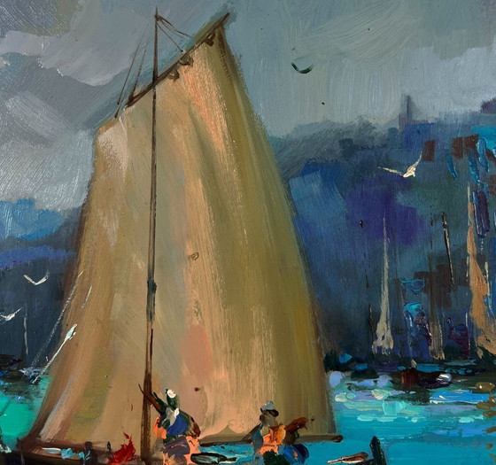 Image 1 of Original Oil Painting Gloomy City Landscape Fishermen greet the dawn at sea