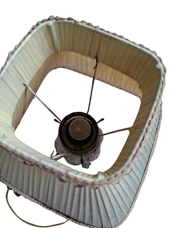 Image 1 of Vintage Hand-Painted Ceramic and Bordeaux Velvet Table Lamp