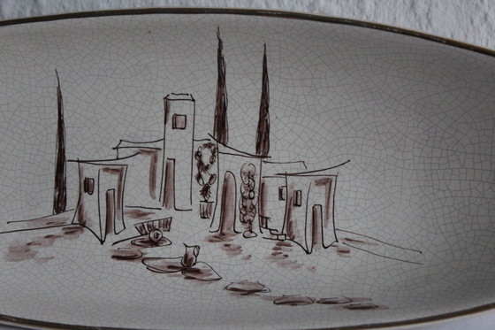 Image 1 of Große ovale Anbietschale Obstschale aus den 50er Jahren mit abnehmbaren Bambushenkel Krakelee Lasur handbemalt mid-century 