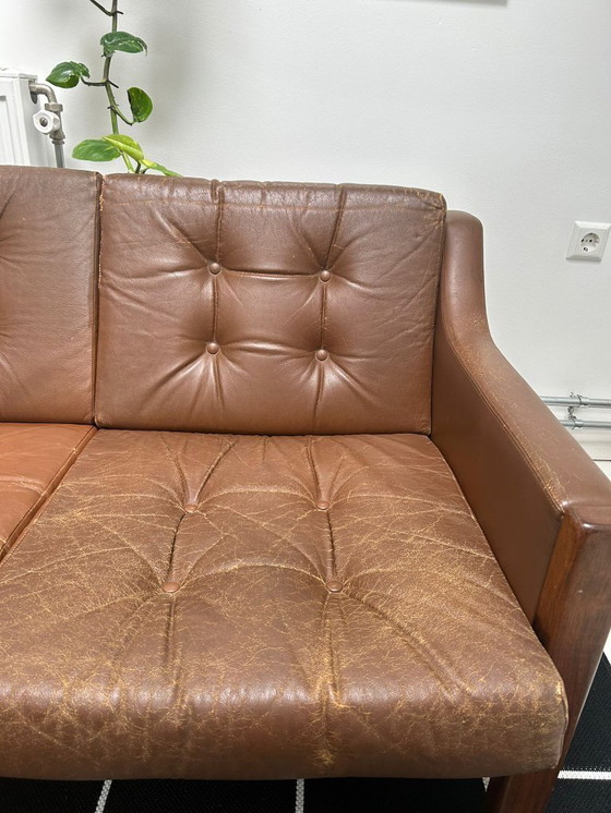 Image 1 of Scandinavische Mid-Century driezits leren bank met palissander