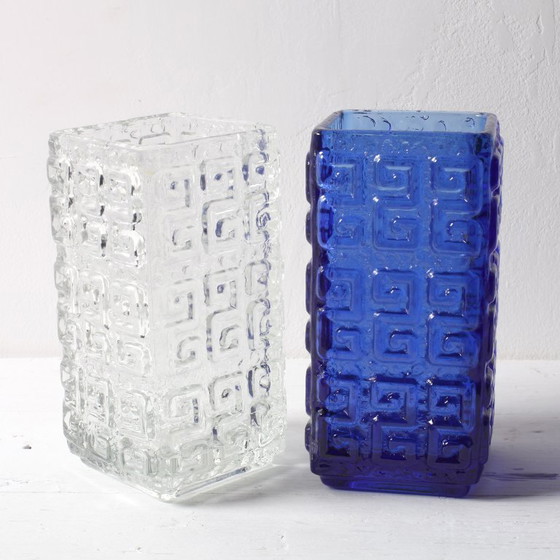 Image 1 of Set of 2 Mid-Century Cobalt Blue & Clear Glass Vases Taalari / Tamara Aladin / Finland / 1969