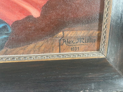 Oil painting of a woman with putti – Oil painting signed Alex Müller, 1931
