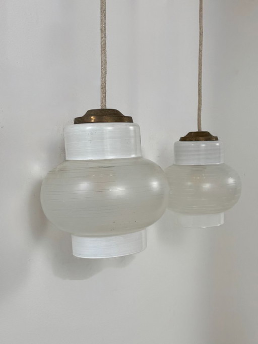 Pair of vintage pendant lights, white blown glass, France, 1970