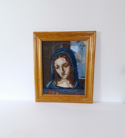 Vintage Handmade Needlepoint, Wall Tapestry Gobelin, Virgin Mary, Lady of Lourdes, Catholic Icons, Wood Frame