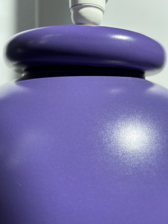 Postmodern Kostka France Table Lamp (Purple, 1980s) with Vintage Moiré Shade – Ceramic (photo 7 of 14)