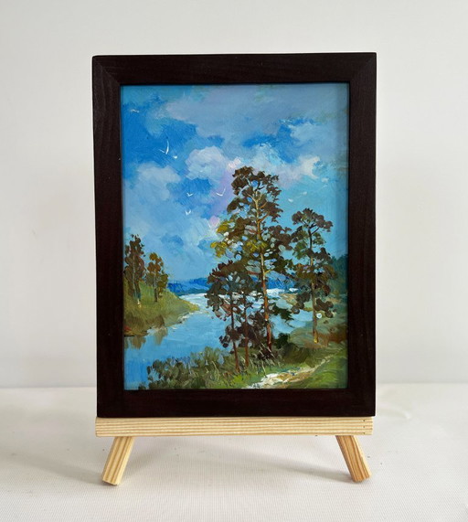 Original Oil Painting Summer River Landscape Warm summer day by the river