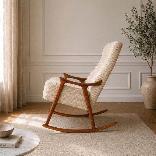 Sedia a dondolo scultorea originale Mid Century Modern in legno di teak di Ingmar Relling. Classico moderno scandinavo.