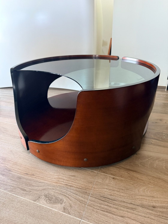 Italian Space Age Coffee Table – Smoked Glass & Curved Wood – 1970s (photo 7 of 15)