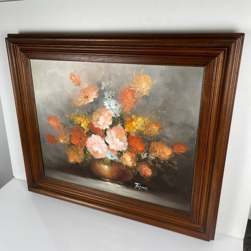 Vintage decorative painting depicting a floral still life, signed Frederik.