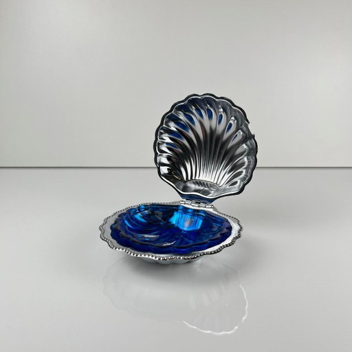 Silver-plated metal shell butter dish with blue insert, 1970