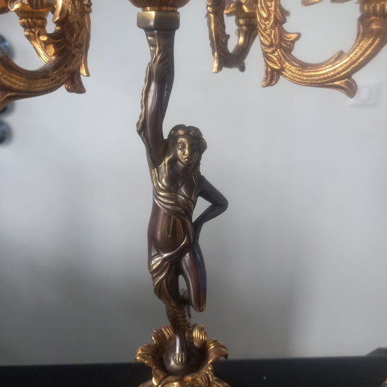 Image 1 of Paire Splendide Bougeoir Candelabre Bronze Doré  Femme Nue