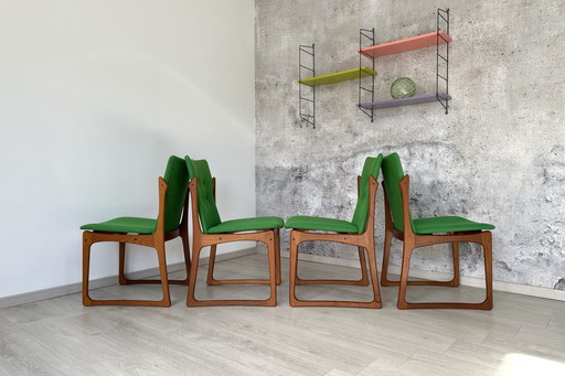 Set of 4 Danish teak chairs, green, 1970s/60s, Vamdrup – eetkamerstoelen, Wood, Cotton