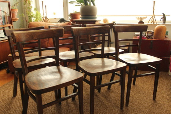 Set van 6 Vintage Houten Bistrotstoelen – Mooie Patina – Eetkamerstoelen, Wood (photo 3 of 5)