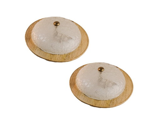 Set van twee vintage Murano glazen wandlampen met achterplaten van exotisch hout uit de jaren 60.