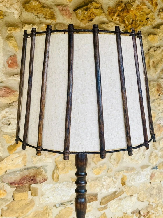 Image 1 of Mid-Century, Turned Wood, Bamboo Rattan Floor Lamp Circa 1950s